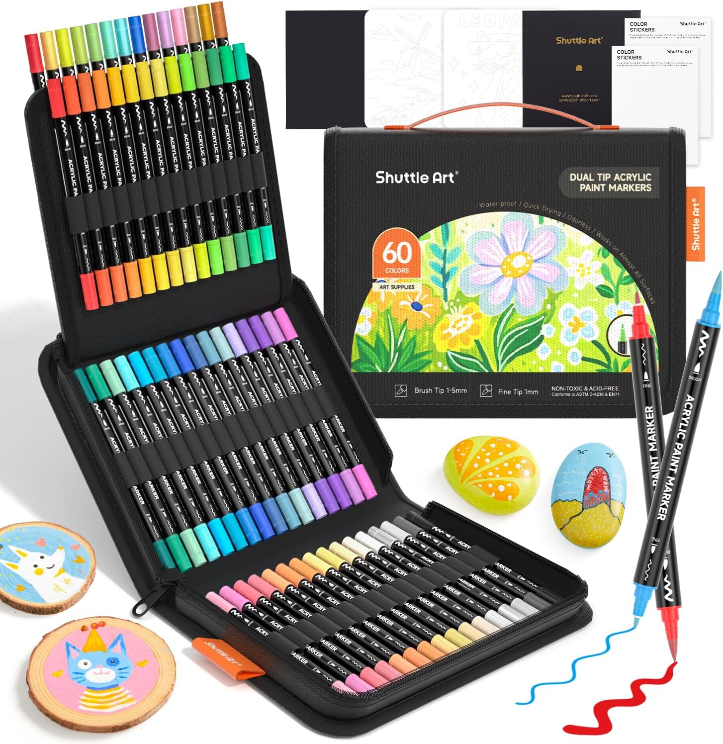 Correction Pen Fine - シャトルアート 60色 デュアルチップ アクリルペイントマーカー、ブラシチップと細字チップのアクリルペイントペン、石、陶器、木、キャンバス、プラスチック、ガラス、石、書道、カード作り、DIYクラフト用